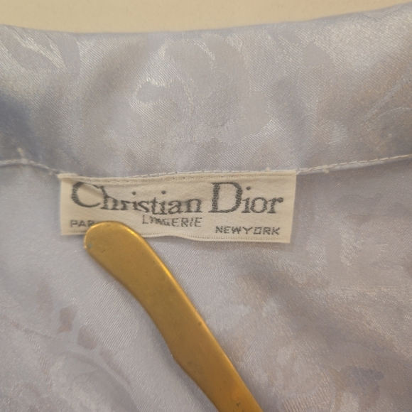 VTG Christian Dior Floral Lace Bow Satin Negligee Pajama Set Light Blue Large - Picture 14 of 15